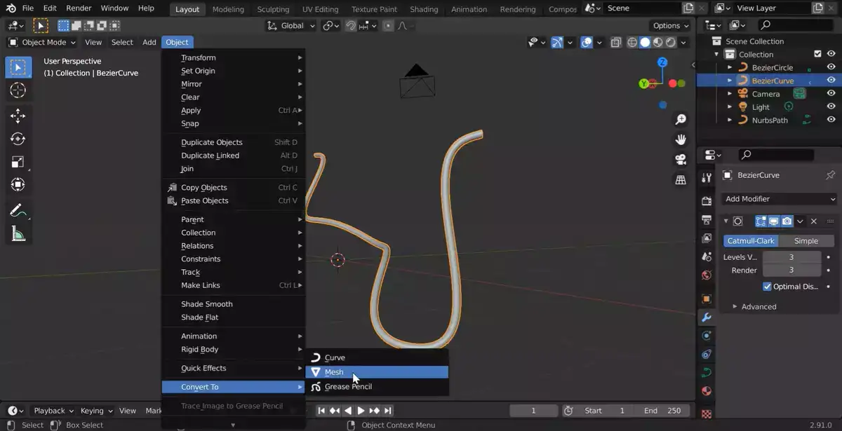 How to convert curve into mesh in Blender?